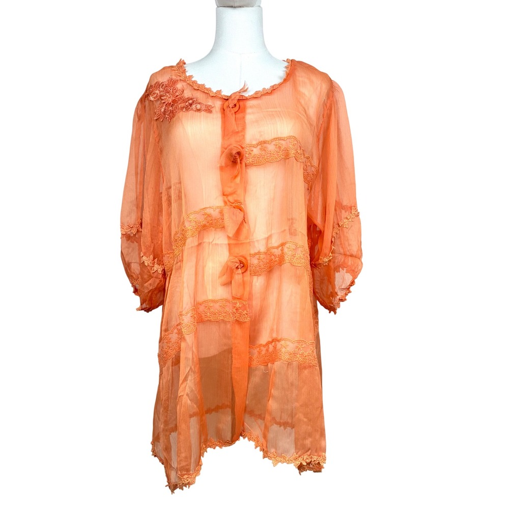 NWT Mini Dress XL Silk Sheer Lace Fairy Boho Puff Sleeve Cottage Feminine Flowy
